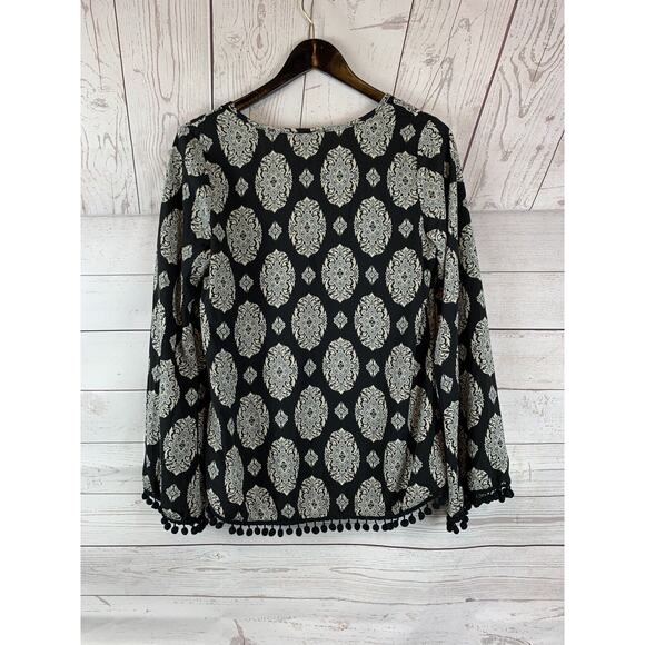 TALLY ANNE Blouse Womens small black print pom pom trim v-neck polyester top - Picture 2 of 5